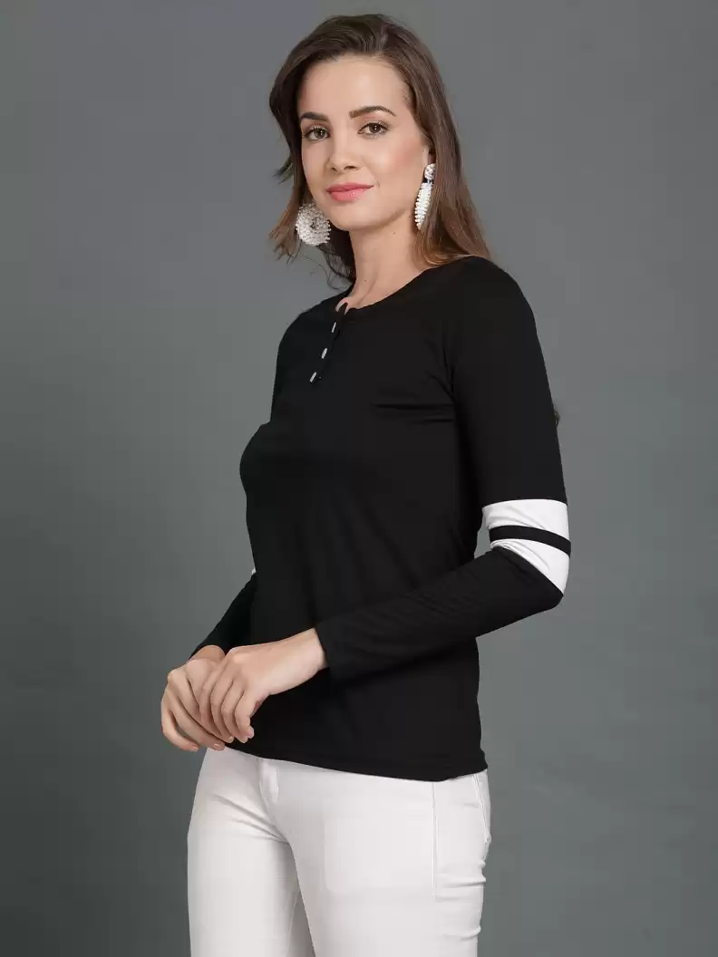 TANDUL  Printed Women Henley Neck White, Black T-Shirt