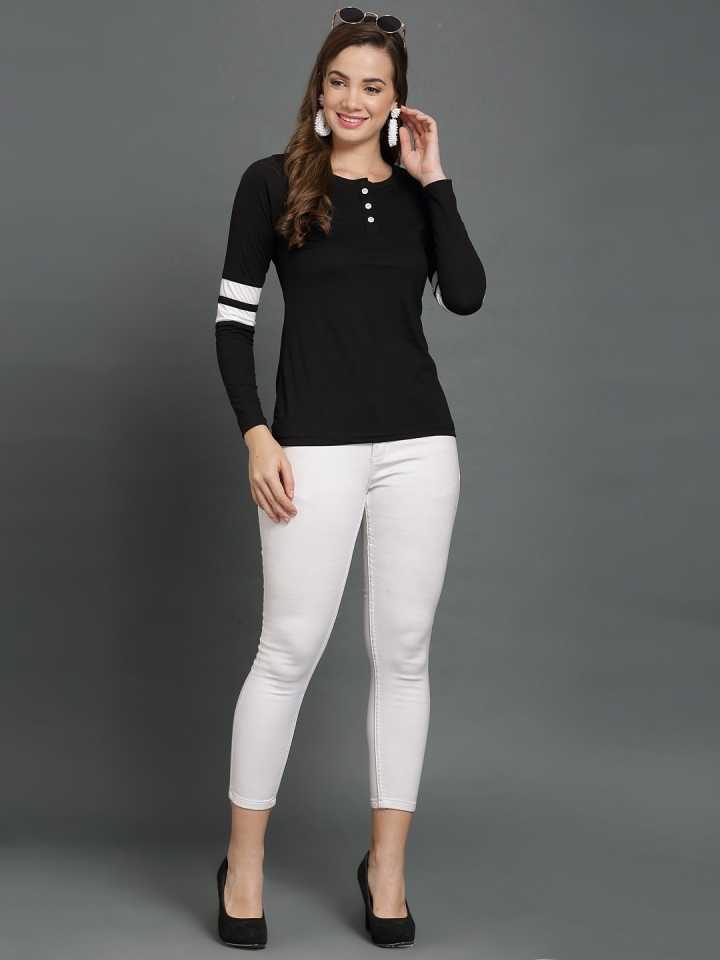 TANDUL  Printed Women Henley Neck White, Black T-Shirt