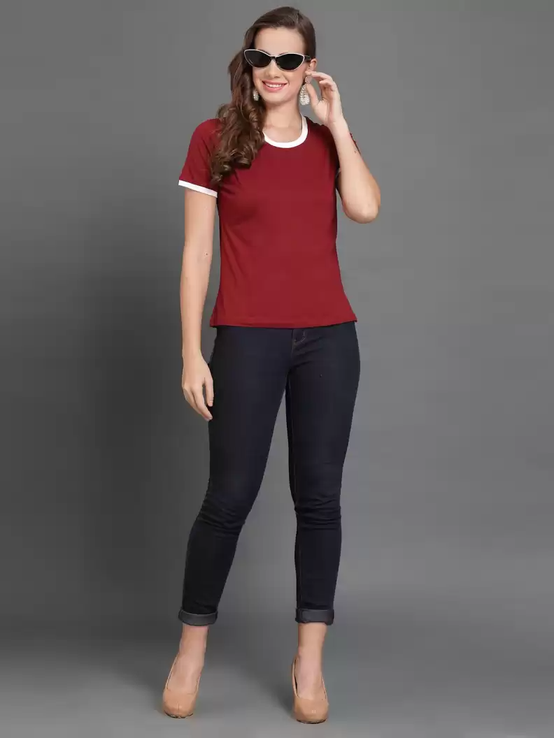 TANDUL  Solid Women Round Neck Maroon T-Shirt