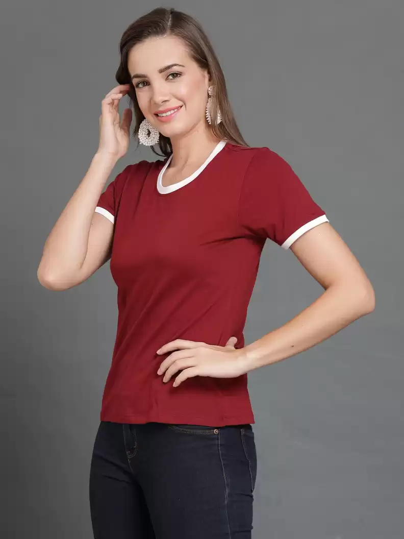 TANDUL  Solid Women Round Neck Maroon T-Shirt