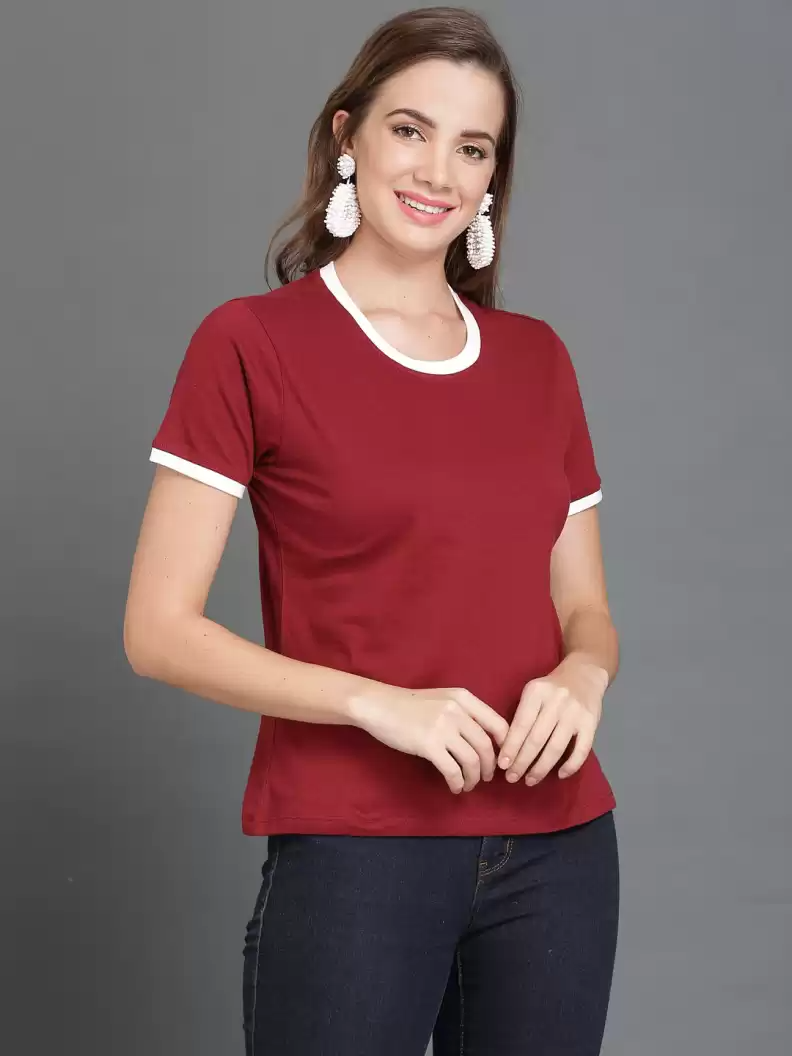 TANDUL  Solid Women Round Neck Maroon T-Shirt