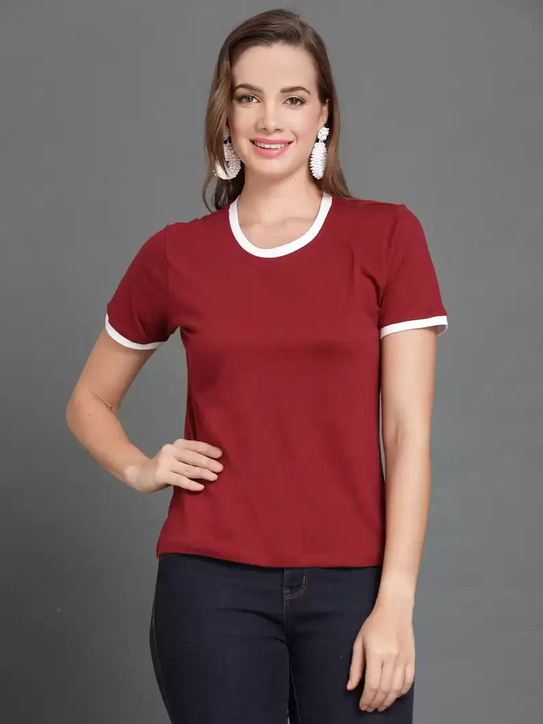 TANDUL  Solid Women Round Neck Maroon T-Shirt