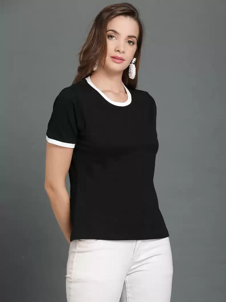 TANDUL  Solid Women Round Neck Black T-Shirt