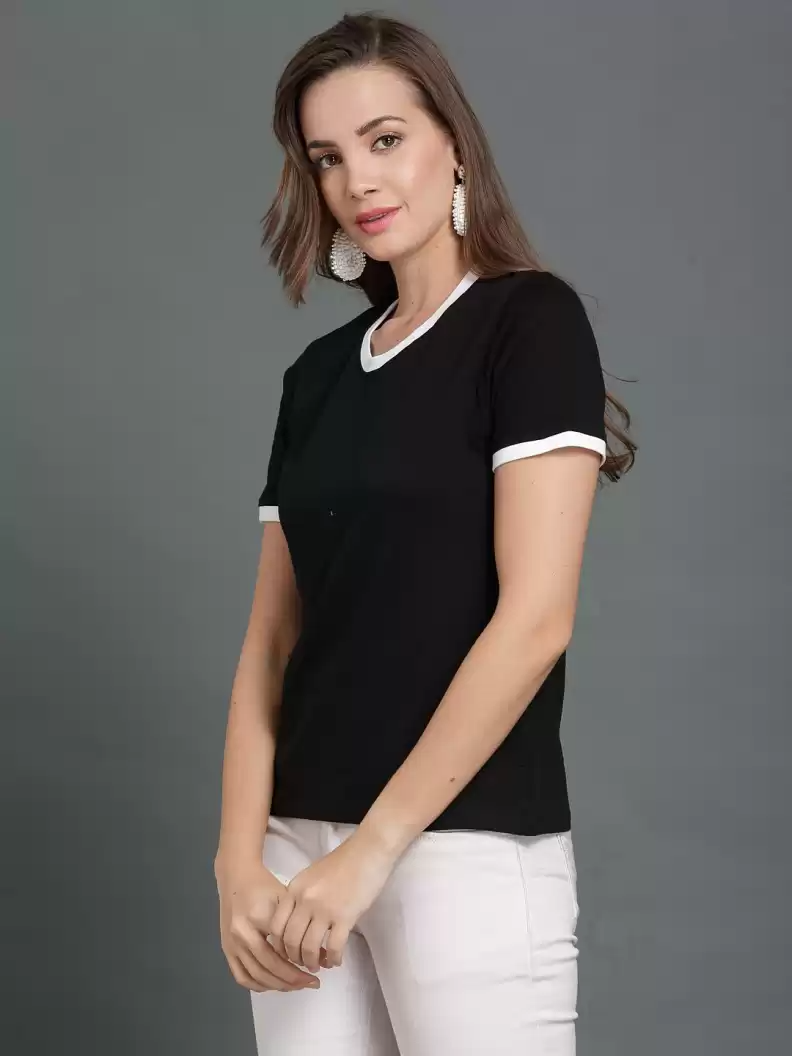 TANDUL  Solid Women Round Neck Black T-Shirt