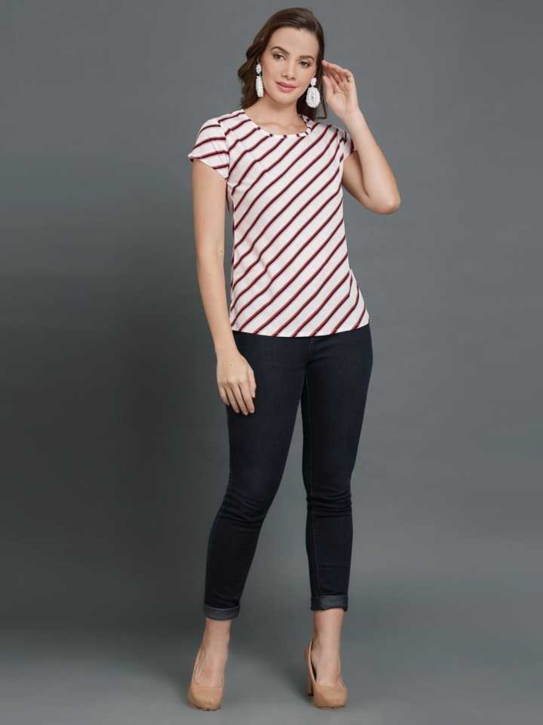 Casual Regular Sleeves Striped Women Multicolor Top