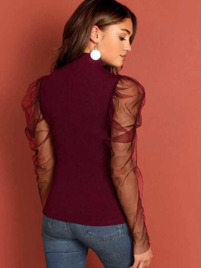 Casual Puff Sleeves Solid Women Maroon Top