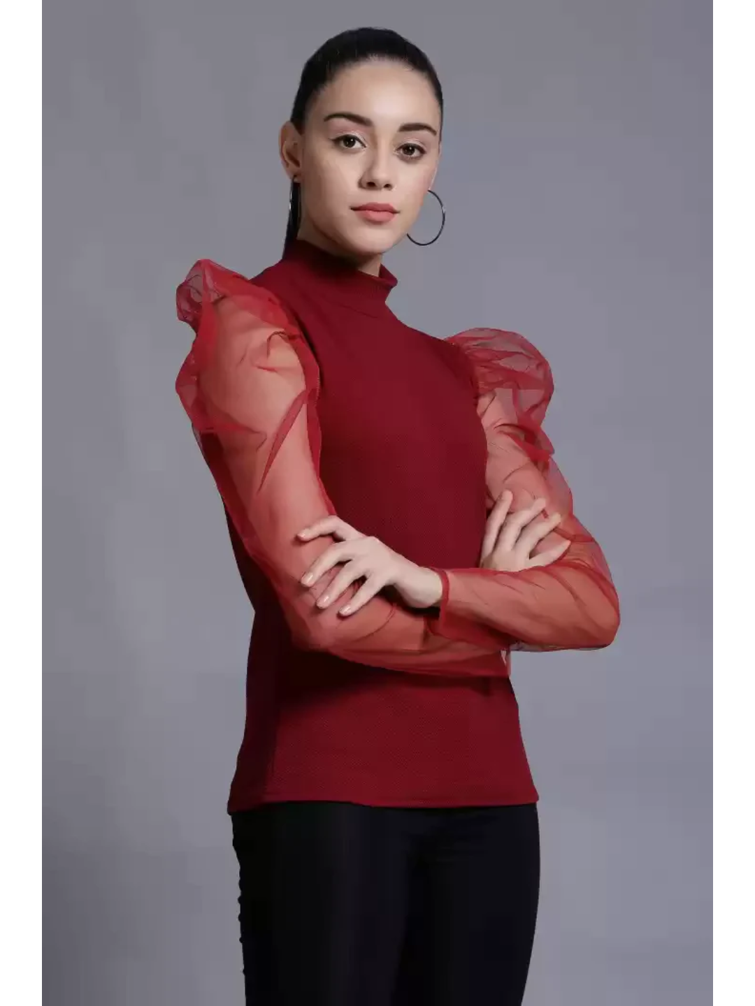 TANDUL  Casual Puff Sleeves Solid Women Maroon Top