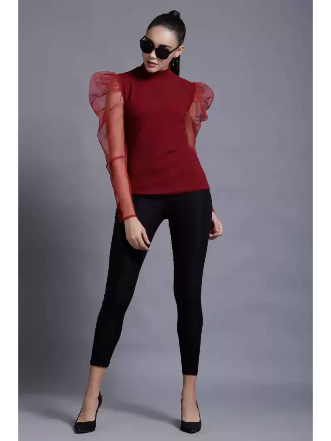 TANDUL  Casual Puff Sleeves Solid Women Maroon Top