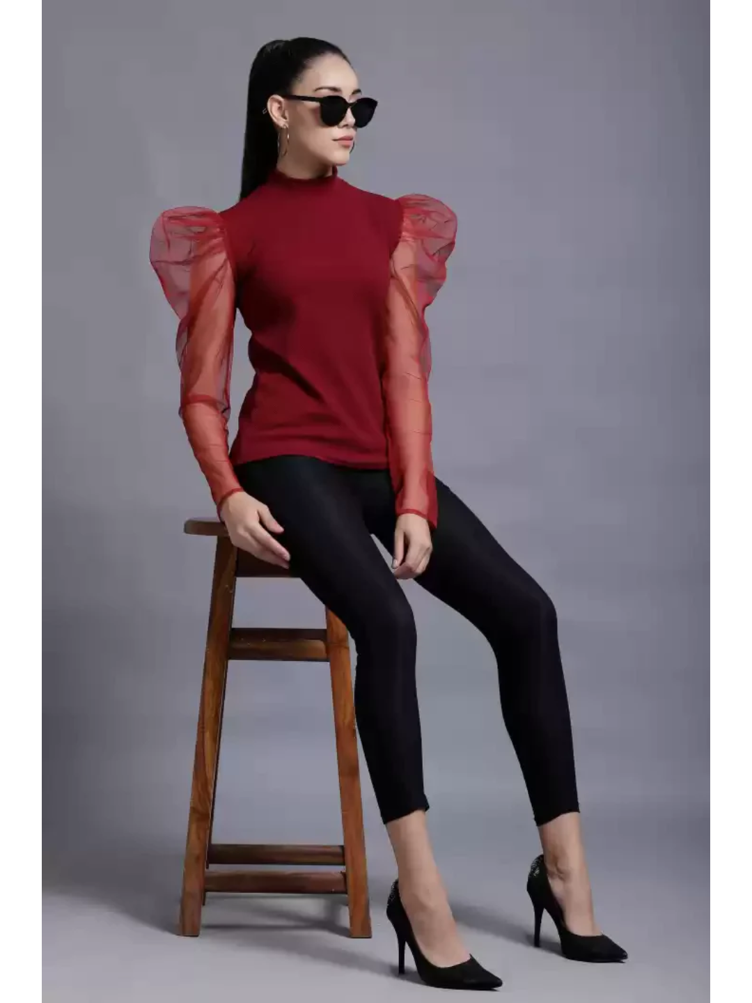 TANDUL  Casual Puff Sleeves Solid Women Maroon Top