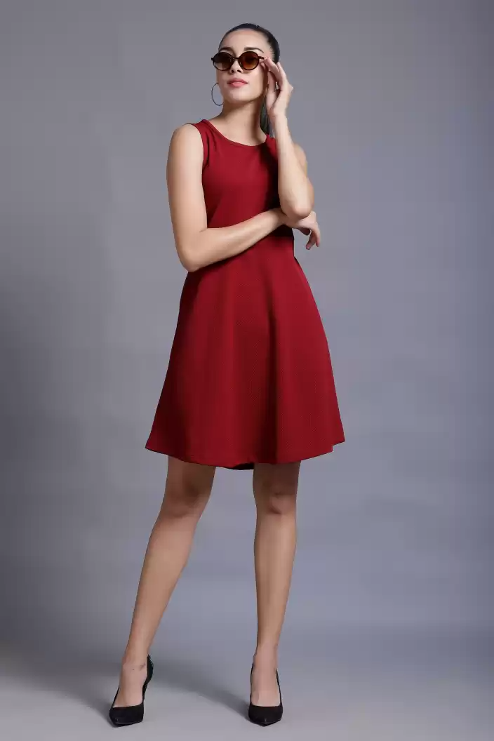 TANDUL  Women Skater Maroon Dress