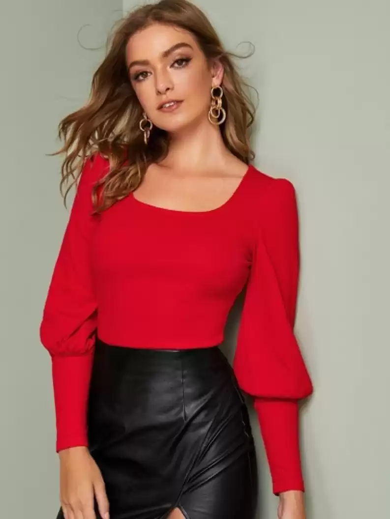 TANDUL  Casual Bishop Sleeve Solid Women Red Top