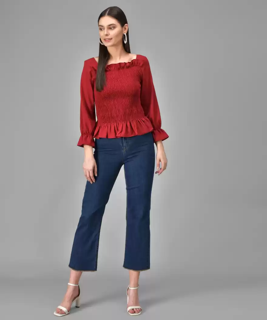 TANDUL  Casual Regular Sleeves Solid Women Maroon Top