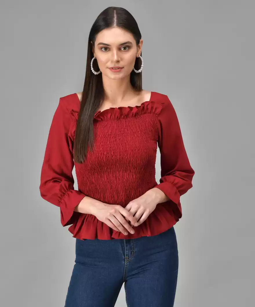 TANDUL  Casual Regular Sleeves Solid Women Maroon Top