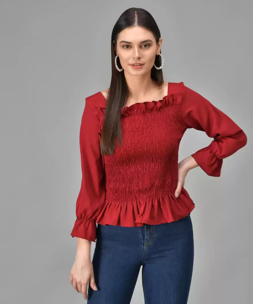 TANDUL  Casual Regular Sleeves Solid Women Maroon Top