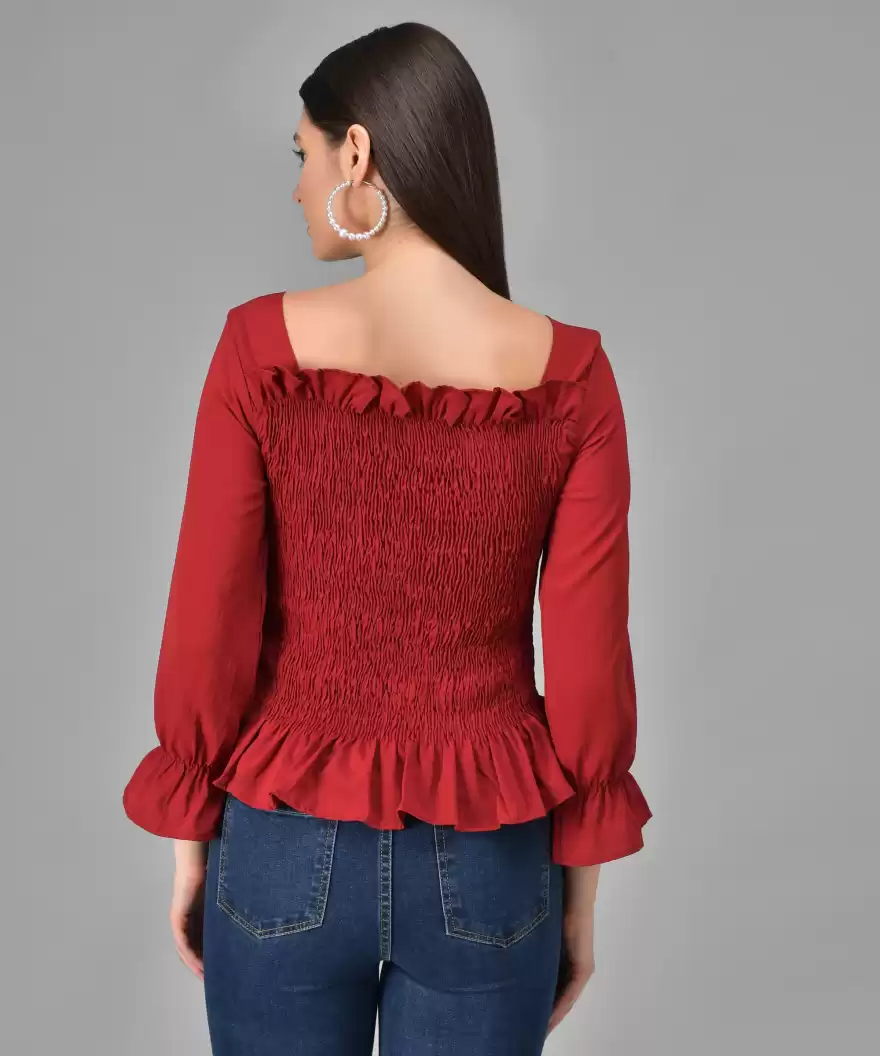 TANDUL  Casual Regular Sleeves Solid Women Maroon Top