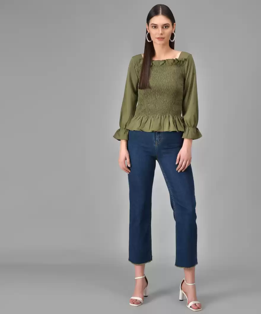 TANDUL  Casual Regular Sleeves Solid Women Green Top