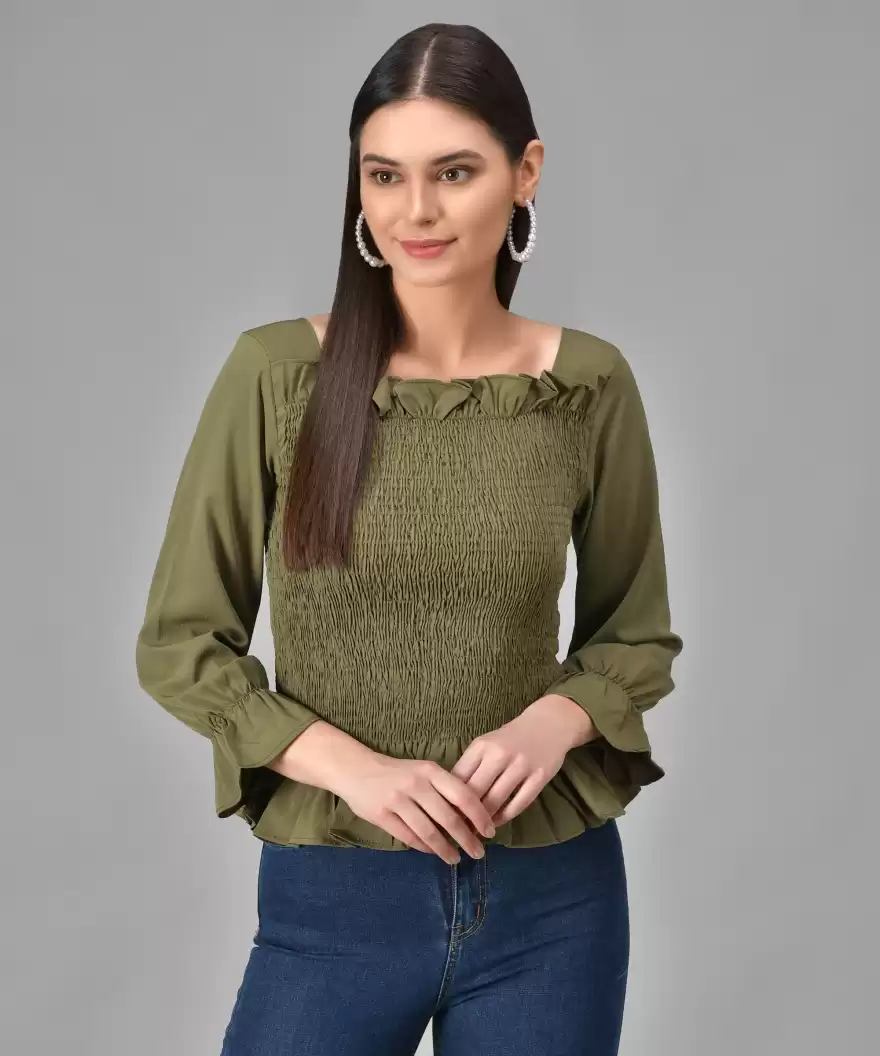 TANDUL  Casual Regular Sleeves Solid Women Green Top