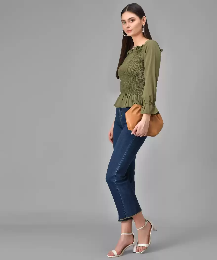 TANDUL  Casual Regular Sleeves Solid Women Green Top