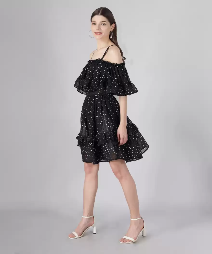 TANDUL  Women Ruffled Black, White Dress