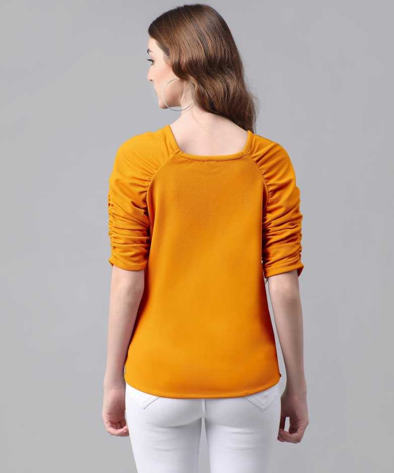 Casual Puff Sleeves Solid Women Yellow Top