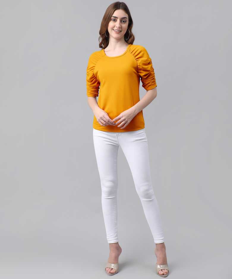 Casual Puff Sleeves Solid Women Yellow Top