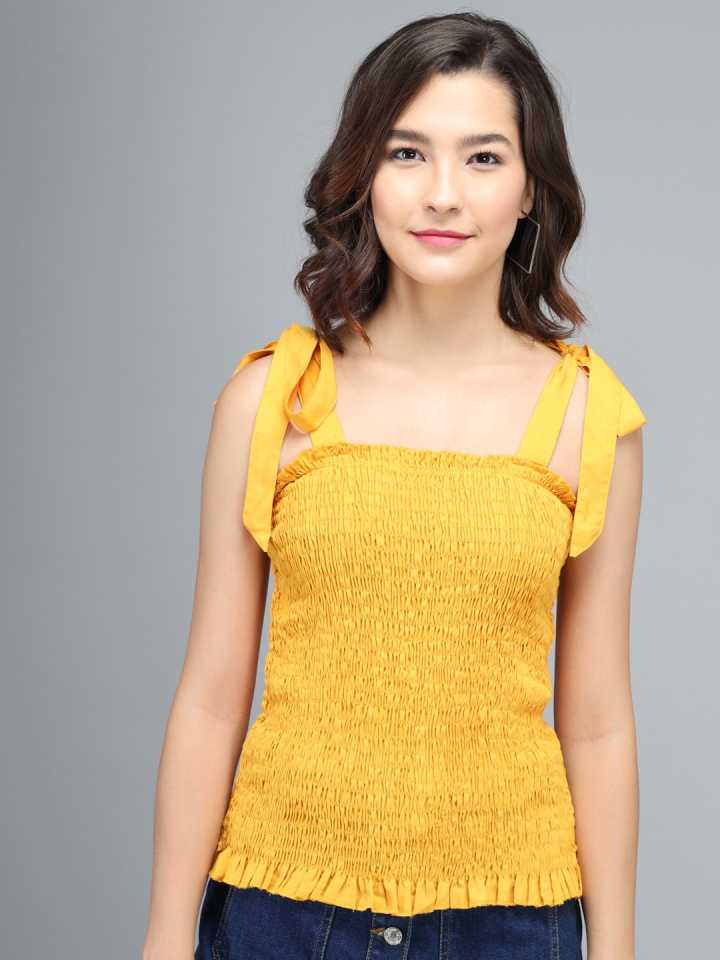 Casual Shoulder Straps Solid Women Yellow Top