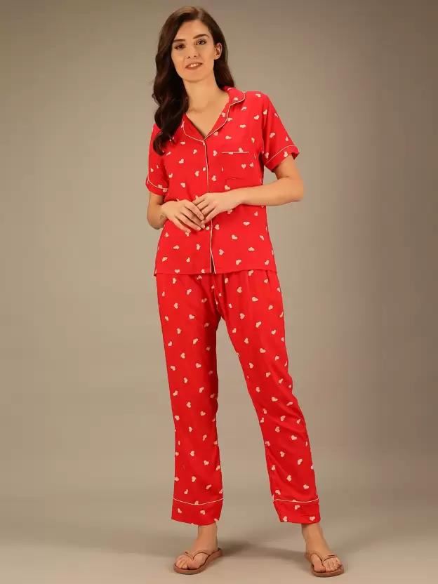 TANDUL  Women Printed Red Shirt & Pyjama set