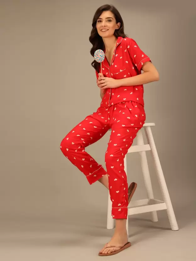 TANDUL  Women Printed Red Shirt & Pyjama set