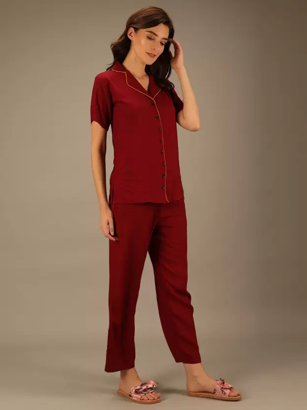 TANDUL  Women Solid Maroon Shirt & Pyjama set