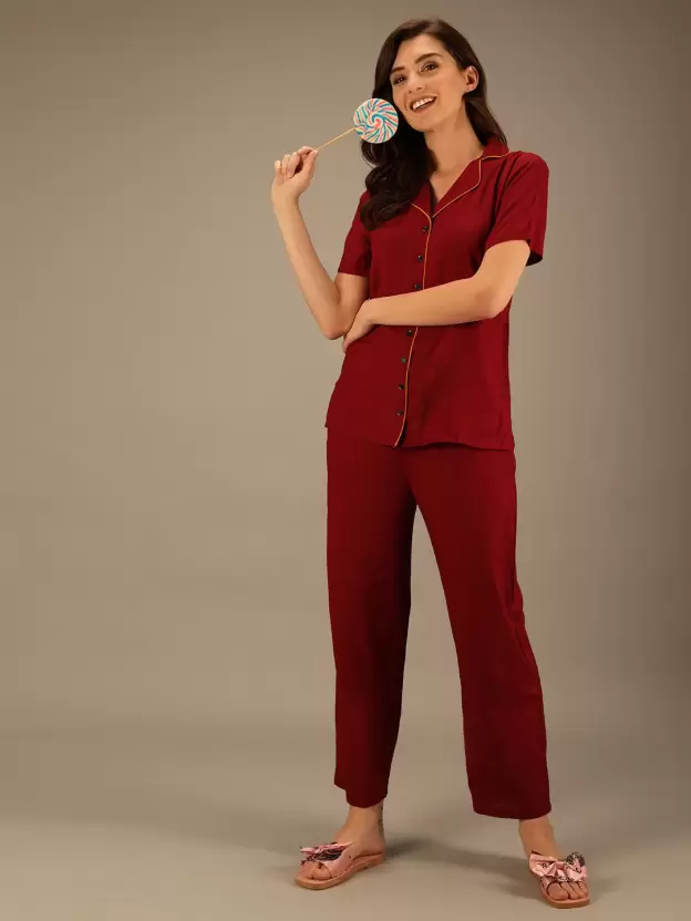 TANDUL  Women Solid Maroon Shirt & Pyjama set