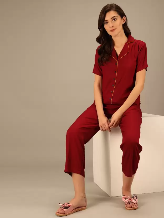 TANDUL  Women Solid Maroon Shirt & Pyjama set