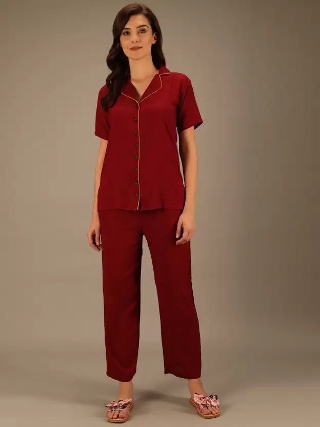 TANDUL  Women Solid Maroon Shirt & Pyjama set