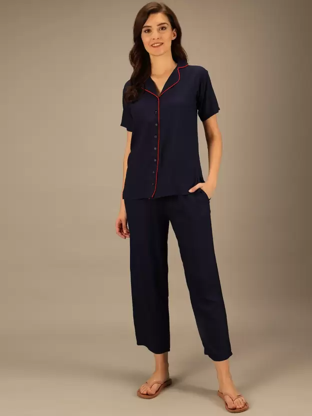 TANDUL  Women Solid Blue Shirt & Pyjama set