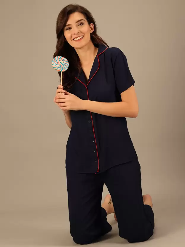 TANDUL  Women Solid Blue Shirt & Pyjama set
