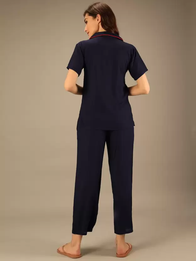 TANDUL  Women Solid Blue Shirt & Pyjama set