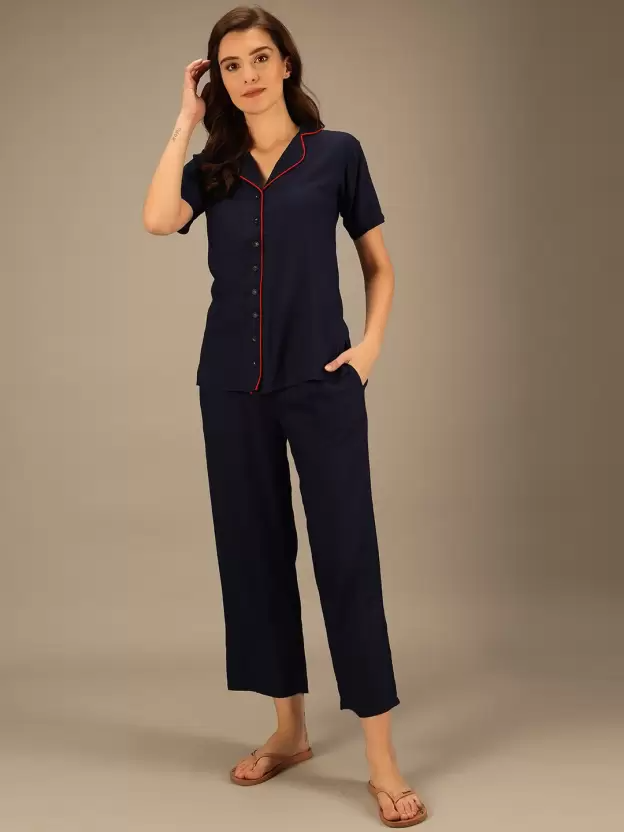 TANDUL  Women Solid Blue Shirt & Pyjama set
