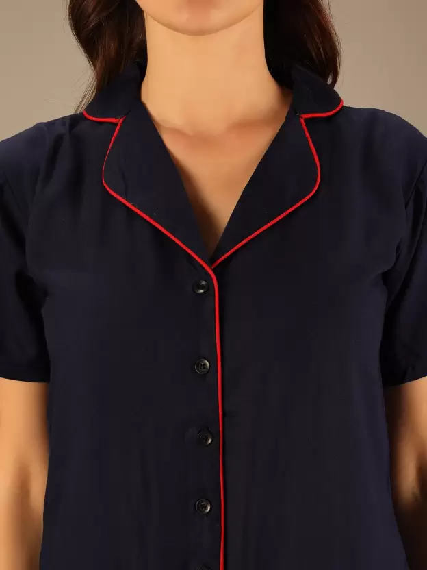 TANDUL  Women Solid Blue Shirt & Pyjama set