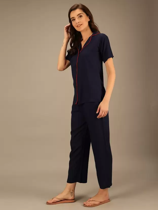 TANDUL  Women Solid Blue Shirt & Pyjama set