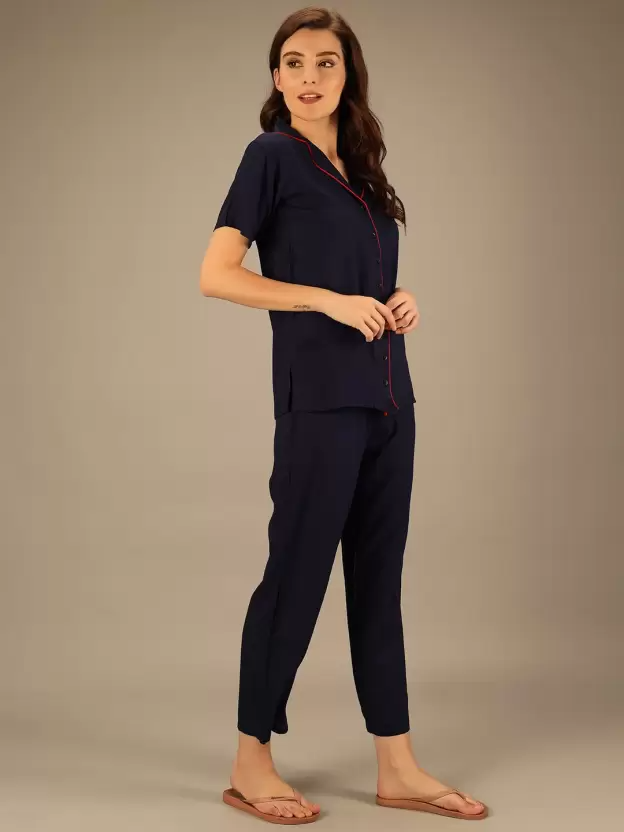 TANDUL  Women Solid Blue Shirt & Pyjama set