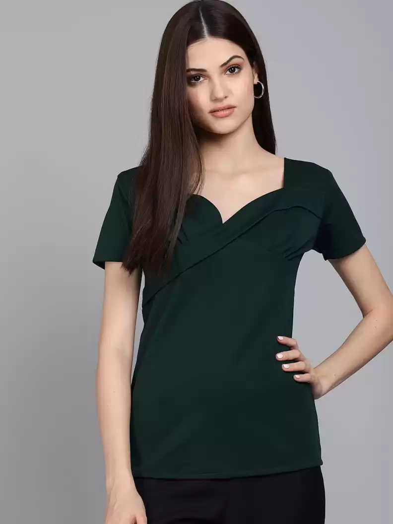 TANDUL  Casual Regular Sleeves Solid Women Dark Green Top