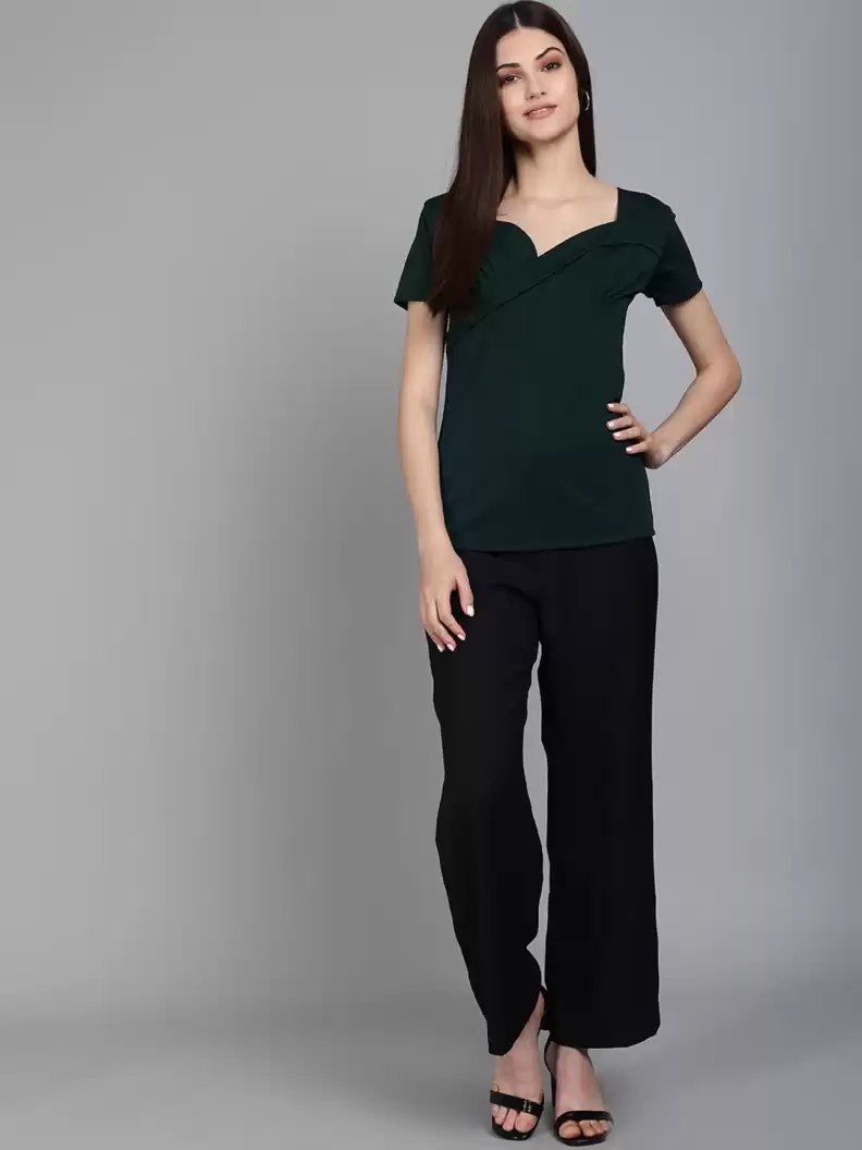 TANDUL  Casual Regular Sleeves Solid Women Dark Green Top