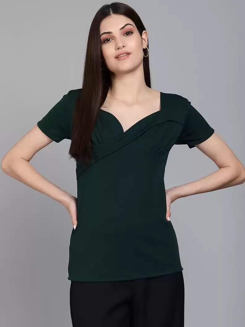 TANDUL  Casual Regular Sleeves Solid Women Dark Green Top