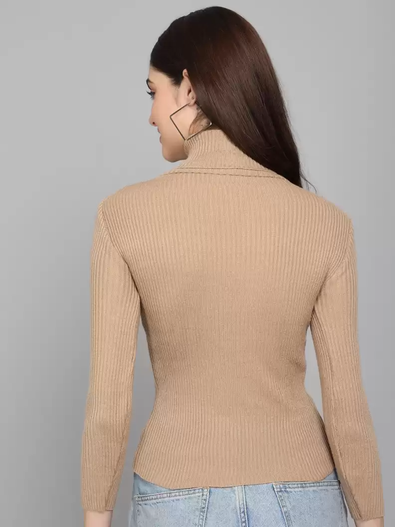 TANDUL  Solid High Neck Casual Women Beige Sweater