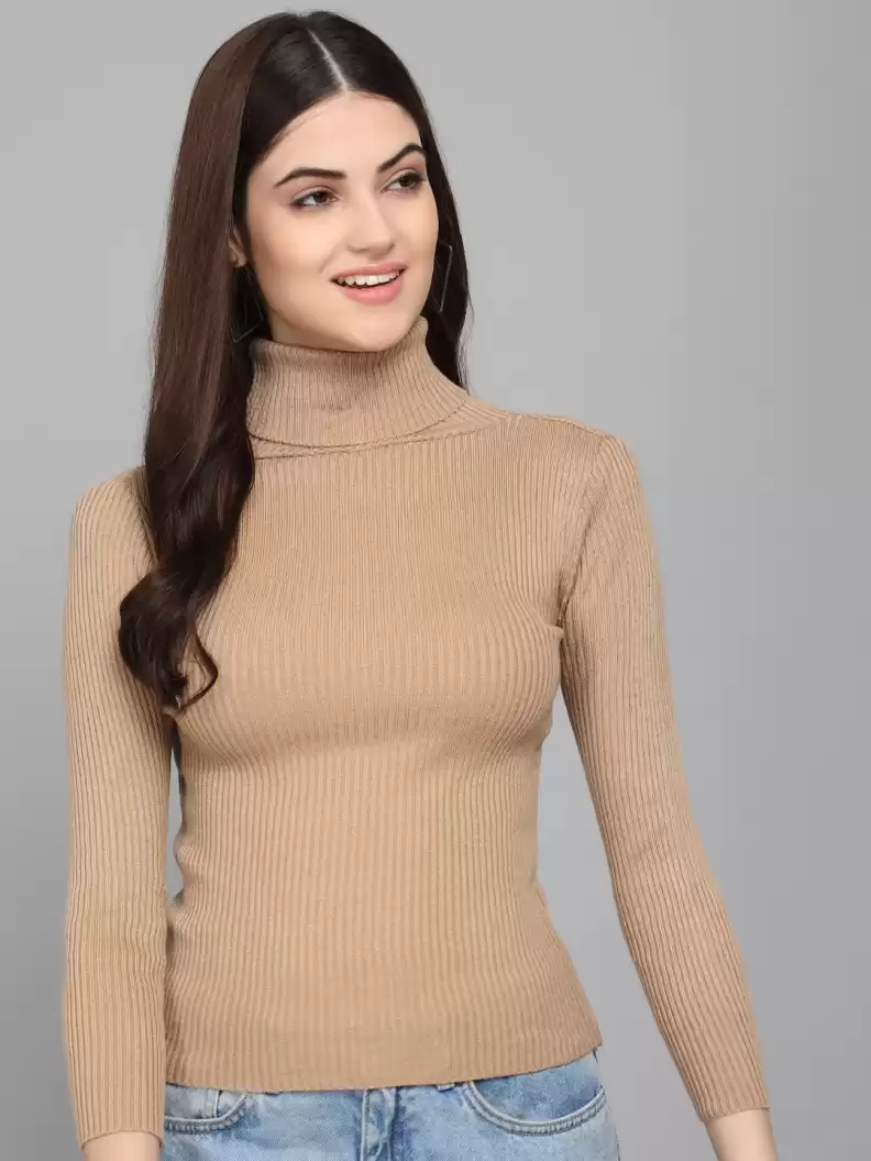 TANDUL  Solid High Neck Casual Women Beige Sweater