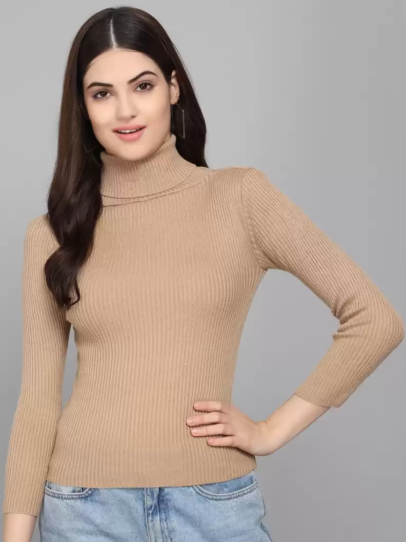 TANDUL  Solid High Neck Casual Women Beige Sweater