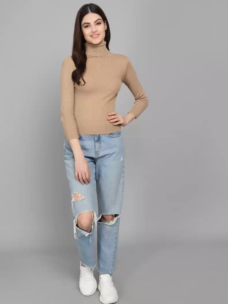 TANDUL  Solid High Neck Casual Women Beige Sweater