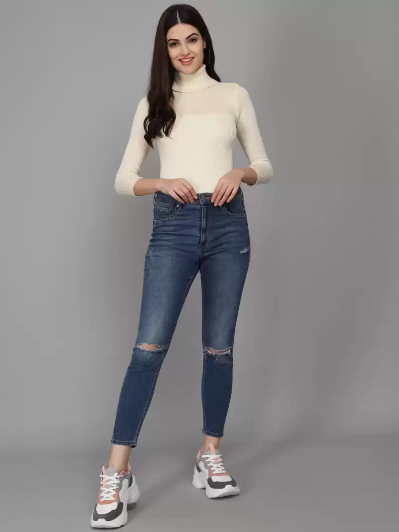 TANDUL  Solid High Neck Casual Women White Sweater