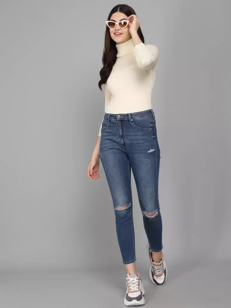 TANDUL  Solid High Neck Casual Women White Sweater