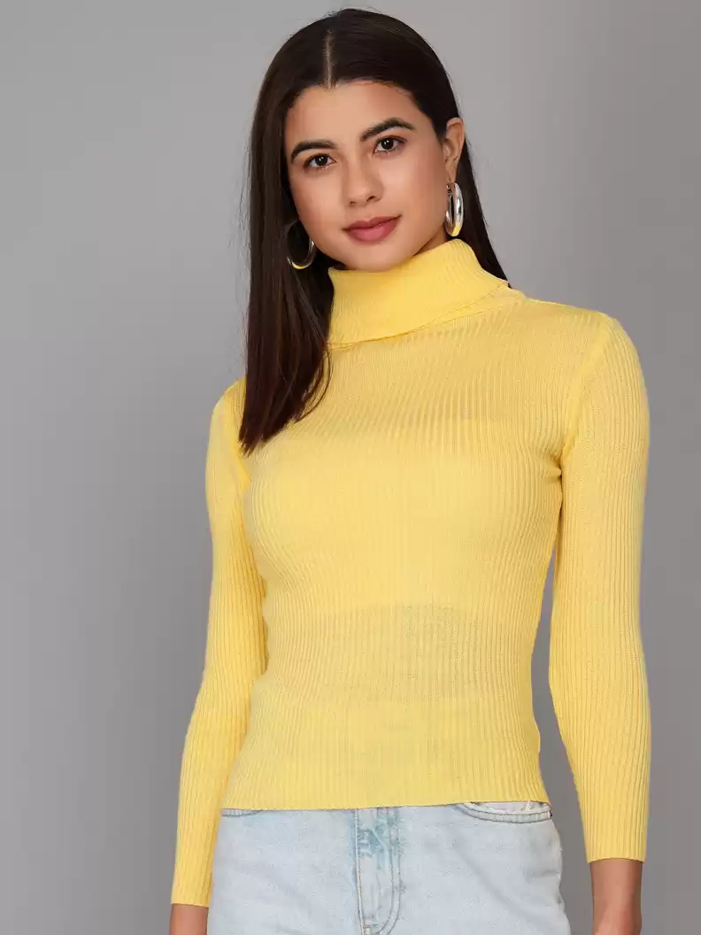 TANDUL  Self Design High Neck Casual Women Yellow Sweater