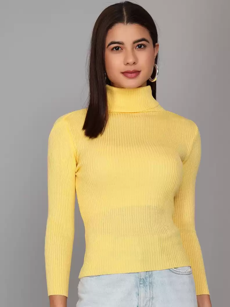 TANDUL  Self Design High Neck Casual Women Yellow Sweater